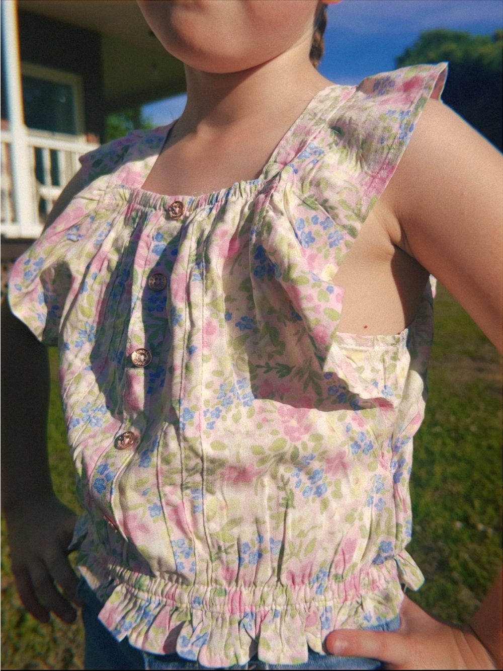 Girls Floral Ruffle Tank Top - Pink/Blue